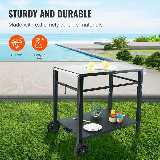 VEVOR Outdoor Grill Cart with Double-Shelf, BBQ Movable Food Prep Table with - Image 3