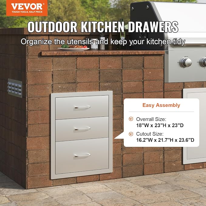 VEVOR 18x23 Inch Outdoor Kitchen Stainless Steel Triple Access BBQ Drawers - Image 4