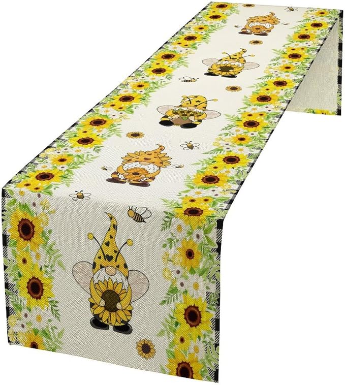 Summer Sunflower Gnome Table Runner, Buffalo Plaid Bee Farmhouse Seasonal Table by Unknown