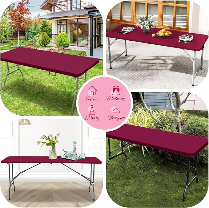 10 Pack Stretch Fabric Table Top Cap Cover, Wine Red Table Covers fits 8Ft - Image 7