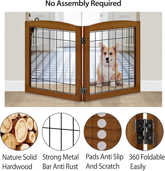 LZRS 2-Panel Freestanding Foldable Wood Dog Gate – Solid Wood & Steel Wire - Image 3