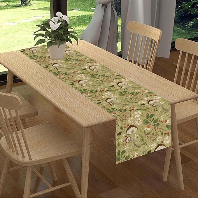 Mushroom Table Runner, Rustic Farmhouse Forest Plants Botanical Country Green - Image 3