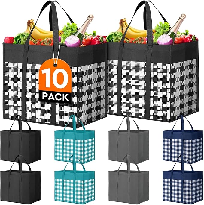 WISELIFE Reusable Grocery Shopping Bags 10 Pack Large Foldable Tote Bags Bulk by WiseLife