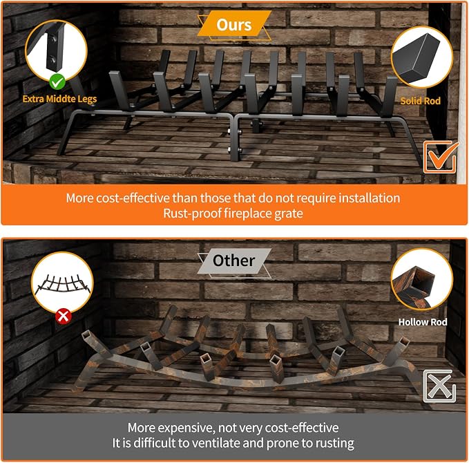 Heavy Duty 30Inch Fireplace Grate, Solid Steel Log Rack - Image 6