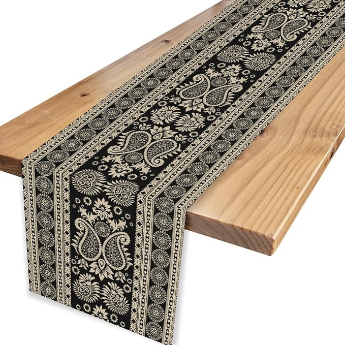 Black Paisley Table Runner, Rustic Damask Antique Floral Flower Retro Boho - Image 4