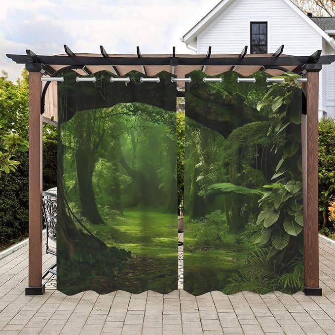 Nature Theme Outdoor Curtains for Patio Waterproof, Forest Pattern, Light by Lirduipu