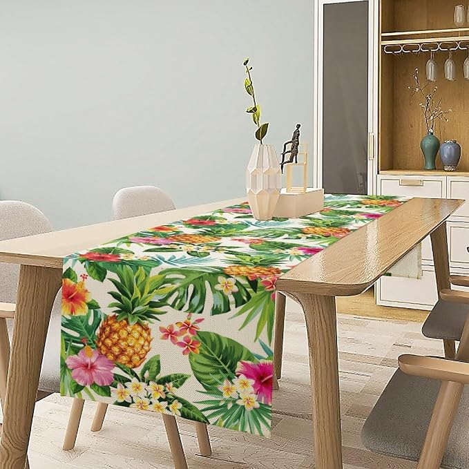 Summer Pineapple Table Runner, Tropical Palm Leaves Flowers Fruit Table Runner - Image 3