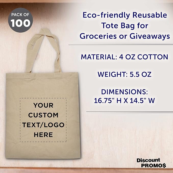 DISCOUNT PROMOS Custom Cotton Canvas Tote Bags Set of 100, Personalized Bulk - Image 4