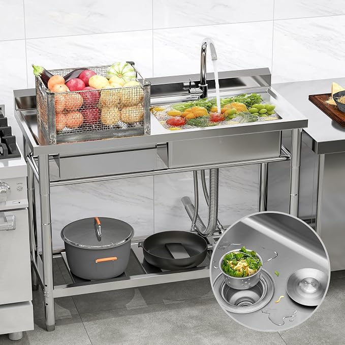 Stainless Steel Utility Sink, 47.2'' Free Standing Single Bowl Kitchen Sink - Image 2