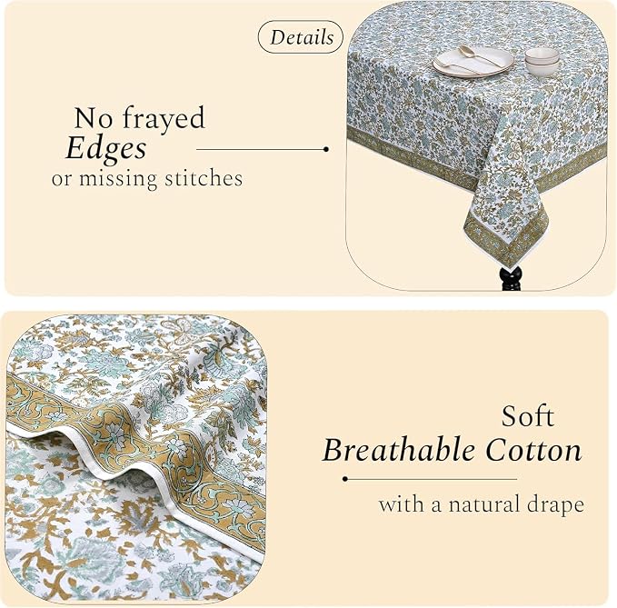 CPC Tablecloth 100% Cotton 80x120 Inch Indian Block Print Rectangle Table Cover - Image 4