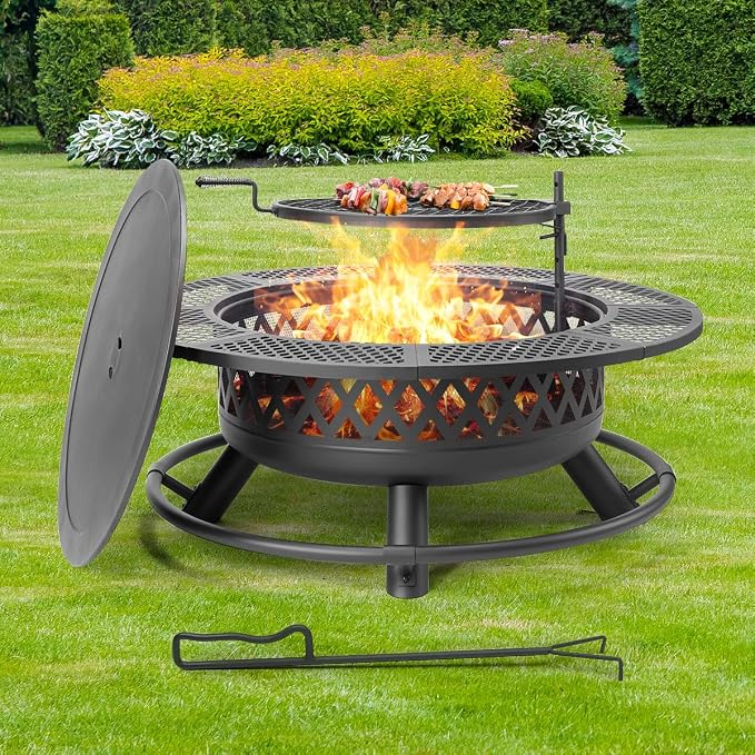 42 Inch Outdoor Fire Pit with Grill, Large Firepit Table - Image 2