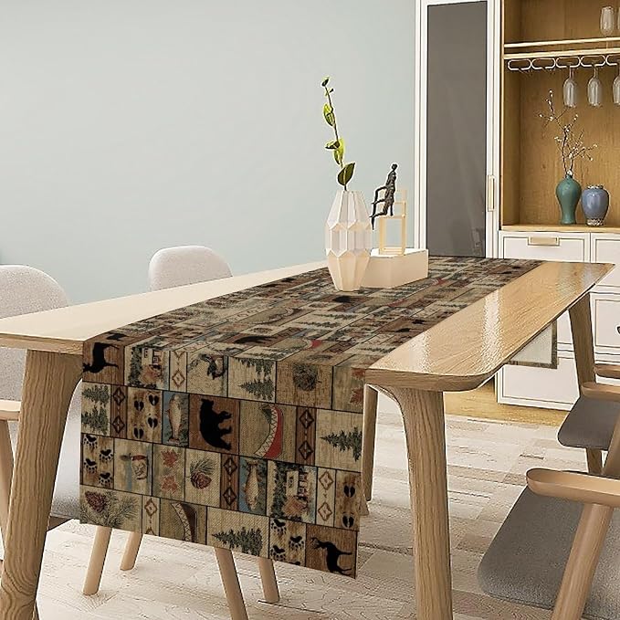 Rustic Deer Bear Table Runner, Vintage Bear Country Cabin Farmhouse Table Runner - Image 3