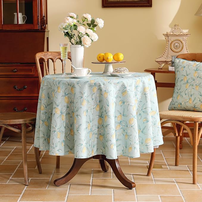 patdrea Designer Green Round Tablecloth, Vintage Linen Yellow Fruits Pattern - Image 2
