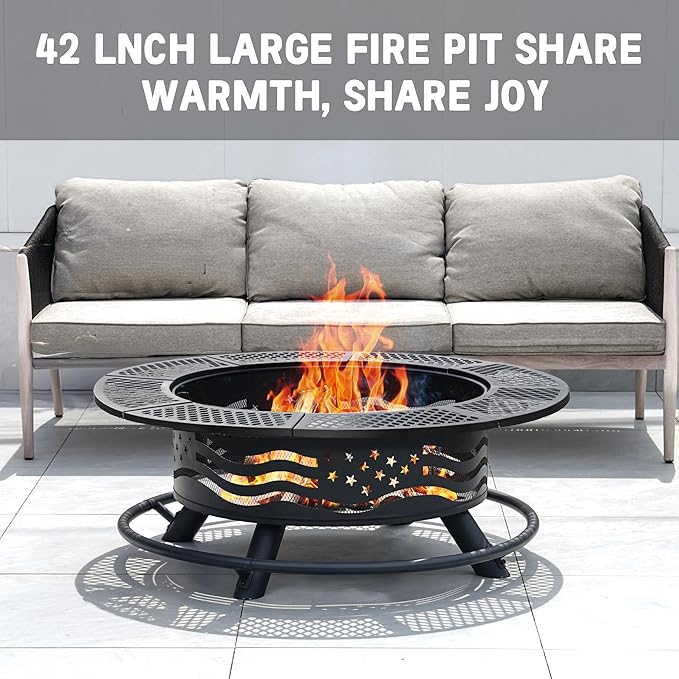 42 Inch Fire Pit with 2 Cooking Grates, Outdoor Wood Burning BBQ Grill Firepit - Image 3