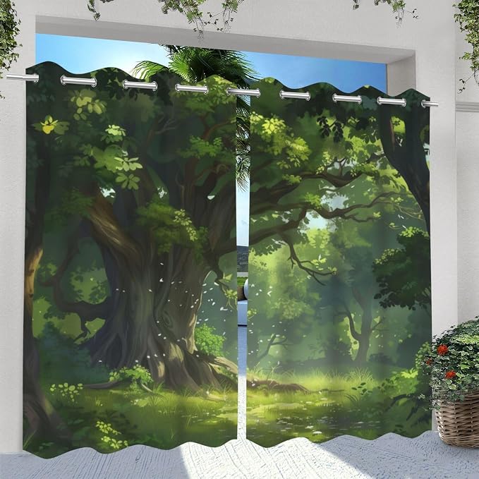 Nature Theme Outdoor Curtains for Patio Waterproof, Forest Pattern, Waterproof - Image 2