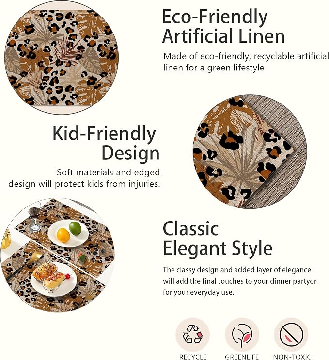 Black Brown Leopard Placemats Set of 6, Tropical Palm Leaves Place Mats Heat - Image 3