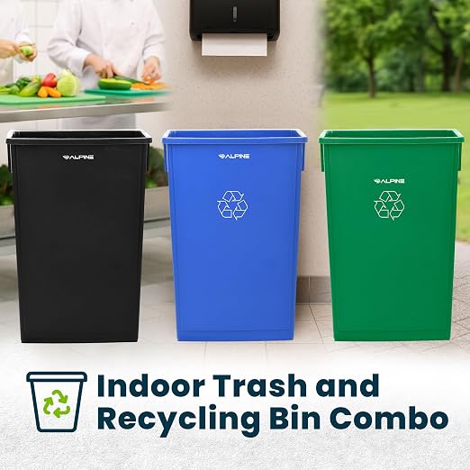 Alpine 23 Gallon Slim Recycling & Trash Bin Set – 3-Pack Blue/Black/Green - Image 2