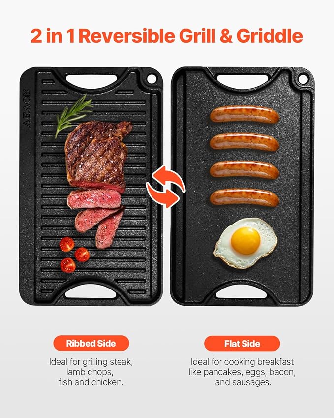 VEVOR Reversible Grill/Griddle, 14x8.5 inch Pre-Seasoned Cast Iron Griddle - Image 2