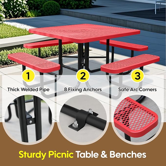46'' Square Metal Picnic Table for Outdoors, Commercial Steel Metal Picnic - Image 6