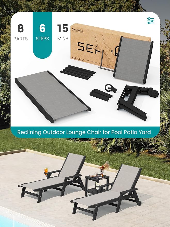 SERWALL Patio Chaise Lounge Chair, 5 Positions Outdoor Lounger - Image 6