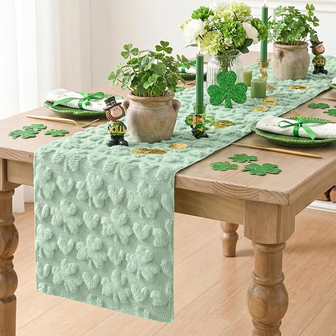 Artoid Mode Sage Green Soft Plush Faux Fur Jacquard Heart Clover St. Patrick's - Image 5