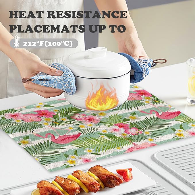 Flamingo Flowers Linen Placemats Set of 6, 12x18 Inch Tropical Leaves Washable - Image 4