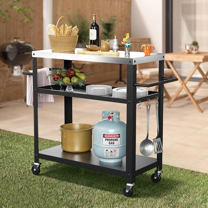 Outdoor Grill Cart with Three-Shelf, Stainless Steel Pizza Oven Table - Image 2