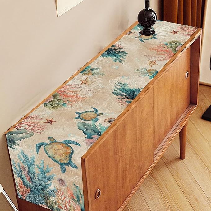 Retro Sea Turtle Table Runner, Nautical Starfish Underwater Coral Seashell - Image 3
