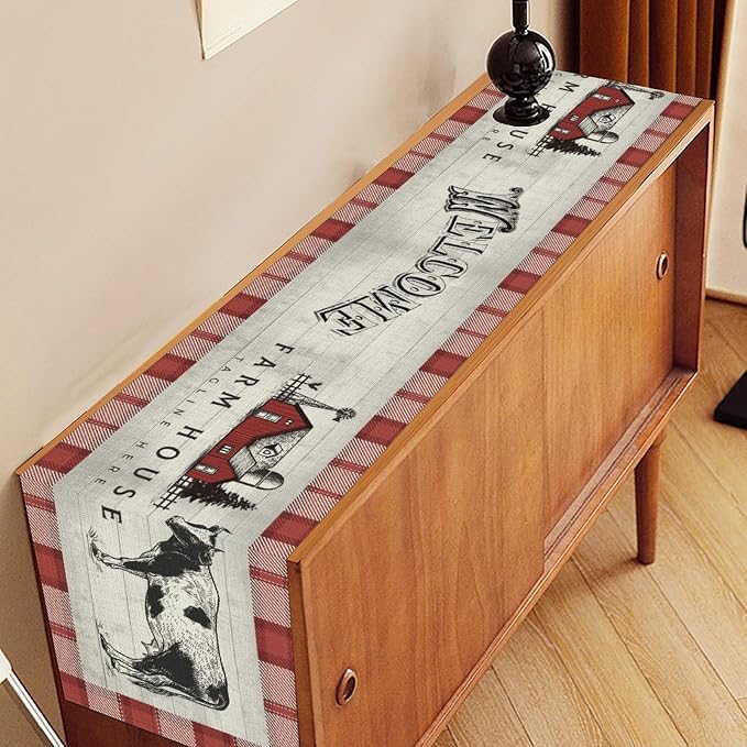 Farmhouse Cow Table Runner, Rustic Red Plaid Animals Buffalo Coffee Table - Image 3