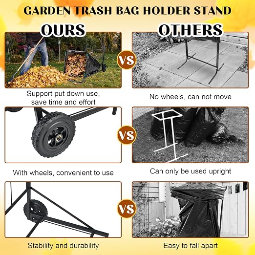 Trash Bag Holder with Wheels, Adjustable Metal Leaf Bag Holder with 4 Clips - Image 4