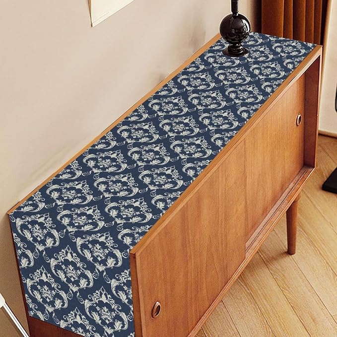 Blue Damask Table Runner, Rustic Gothic Baroque Style Floral Bohemian Boho - Image 3
