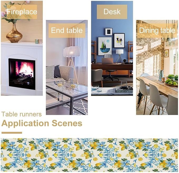 Lemon Table Runner, Summer Hummingbirds Flower Bows Print Table Runner - Image 5