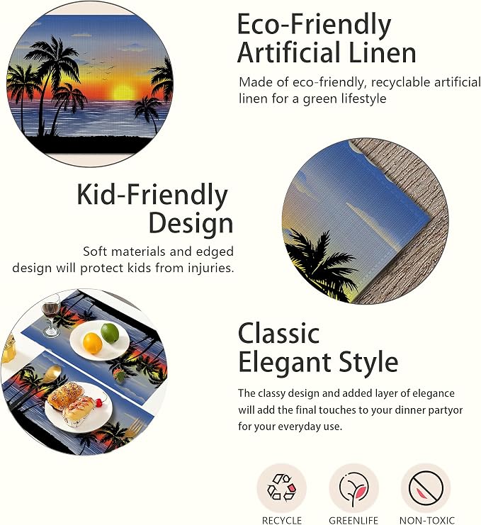 Tropical Landscape Placemats Set of 6, Palm Trees Sunset Seascape Exotic Linen - Image 3