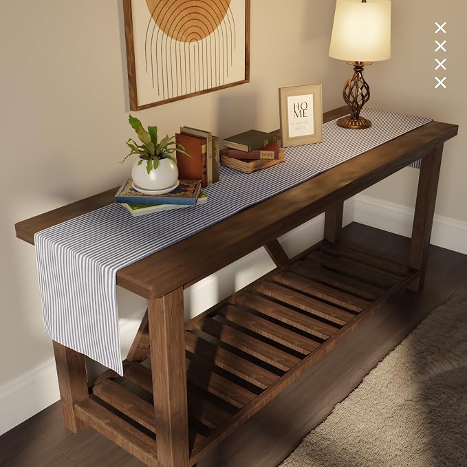 Encasa XO Cotton Dining Table Runner | Ticking Navy Blue | Size 13x94 in - Image 2