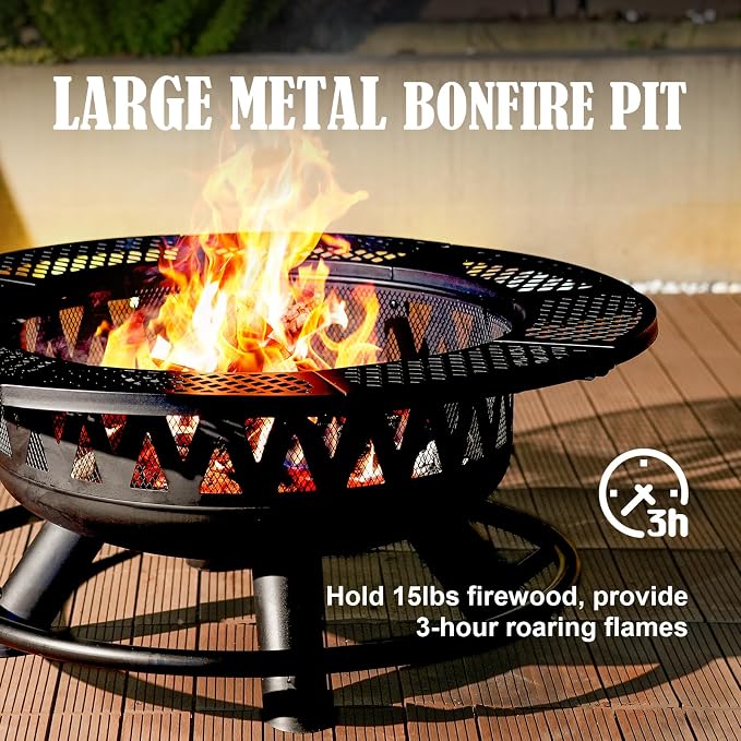 36 Inch Fire Pit with 2 Grills, Large Outdoor Firepits - Image 7