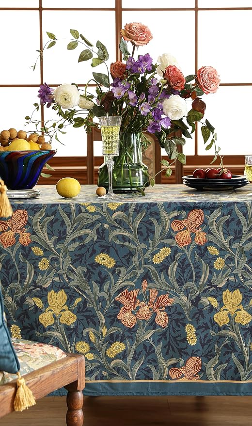 patdrea Designer Vintage Dark Blue Linen Rectangle Tablecloth, French Rustic - Image 9