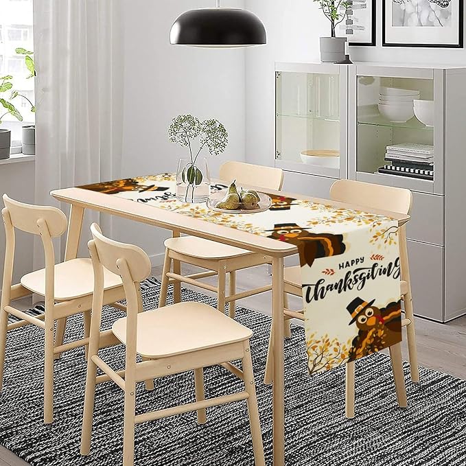 Thanksgiving Turkey Table Runner, Cartoon Turkey Autumn Branch Yellow Leaves - Image 2