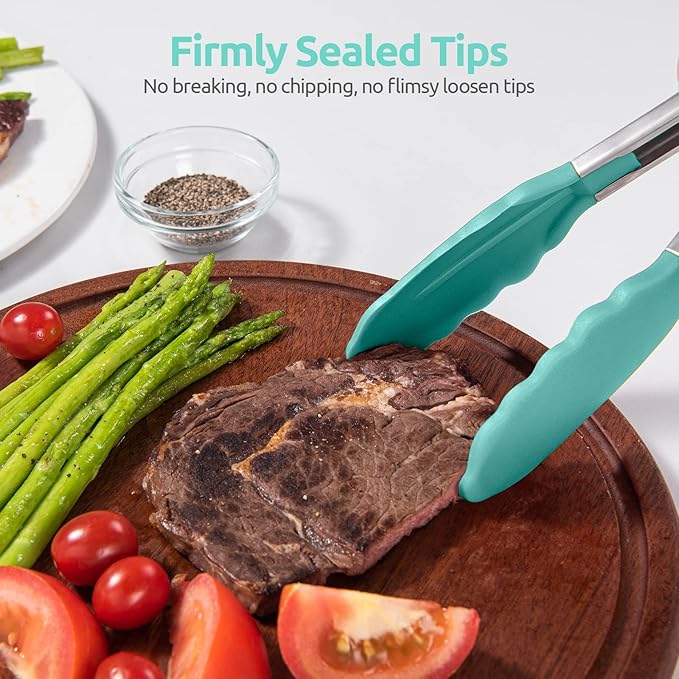 Tongs with Heat-Resistant Silicone Tips, Aqua Sky Stainless Steel