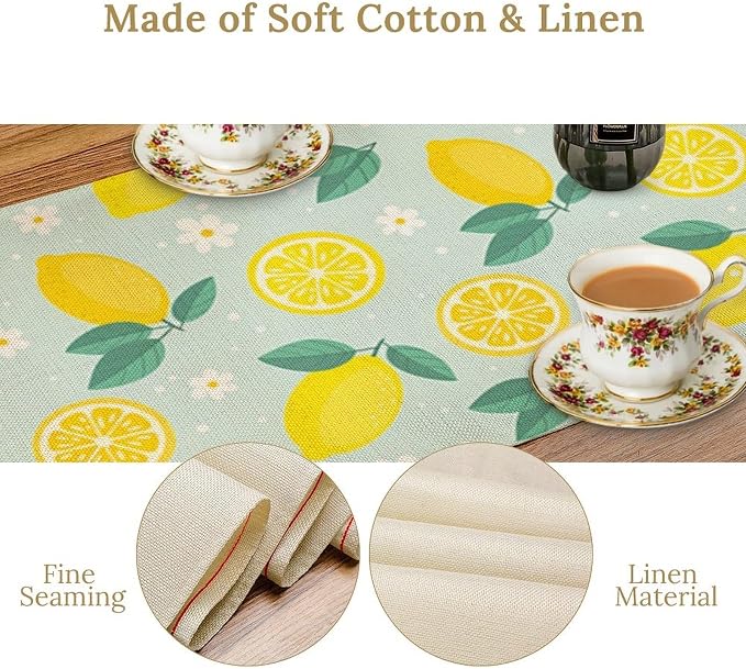 Spring Lemon Table Runner, Summer Seasonal Green Leaves Flowers Yellow Fruit - Image 6