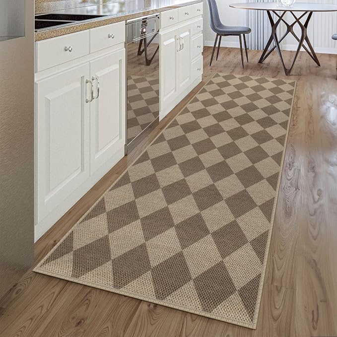 Easy Jute Checkered Runner Rug, 2.6x8 Brown Modern Washable Rugs Runner by Rugalia