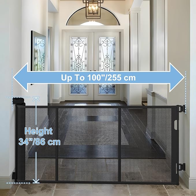 100 inches Retractable Baby Gate, 34 inches Tall Extra Wide Mesh Safety Gate - Image 2