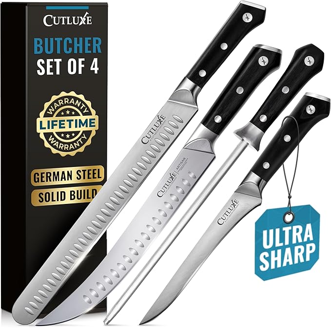 Cutluxe Butcher Knife Set – BBQ Brisket, Breaking and Boning Knives, Honing Rod by Cutluxe