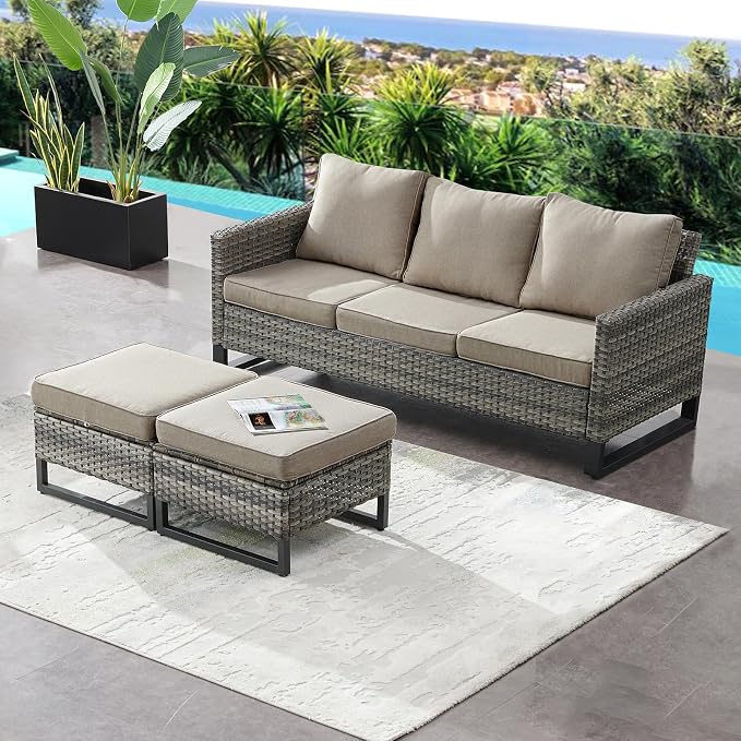 HUMMUH Outdoor Ottomans for Patio Set of 2 PE Wicker Outdoor Footstool - Image 2