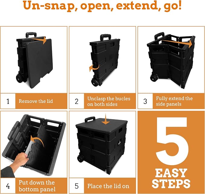 Inspired Living Collapsible Ultra-Slim Pack-N-Roll, 2 Wheel Utility Cart w/Lid - Image 6
