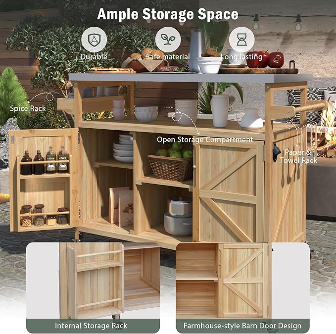Grill Table, Rolling Bar Cart, Storage Cabinet, Artificial Board, - Image 7
