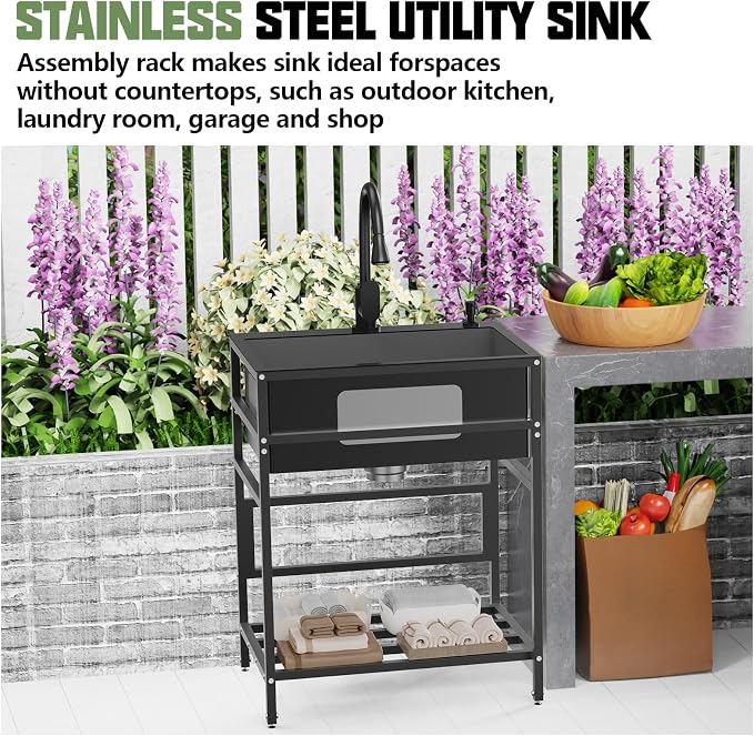 Black utility sink, 25x18 Inch Stainless Steel Freestanding Laundry Sink - Image 2