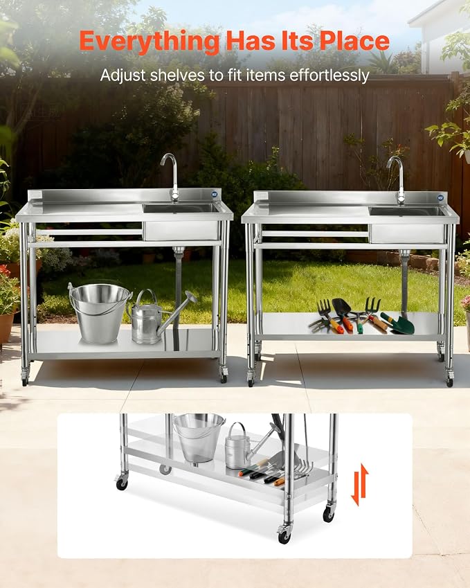 VEVOR Stainless Steel Utility Sink, Rolling Single Bowl Commercial Kitchen Sink - Image 6