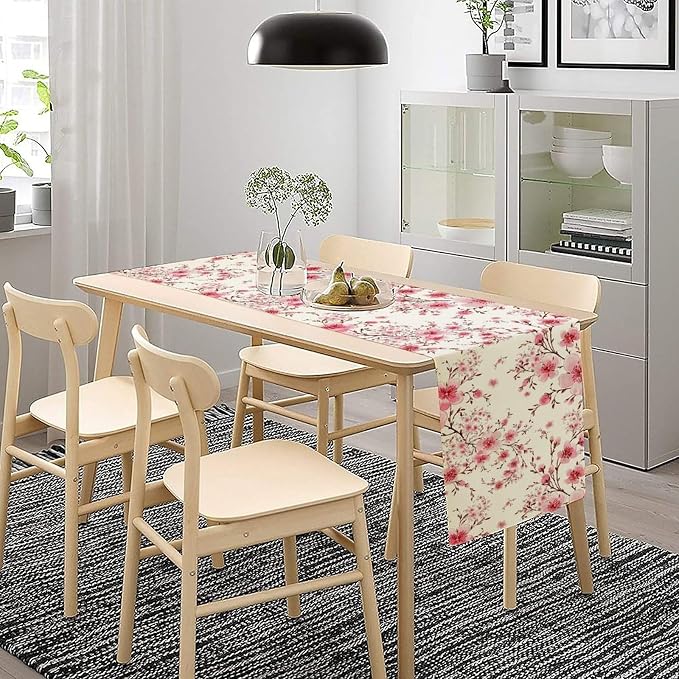Cherry Flower Table Runner, Seasonal Spring Cherry Blossoms Branches Watercolor - Image 3