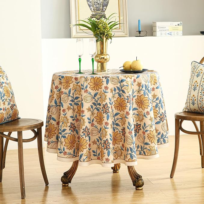 ISAENNE Designer Bohemian Floral Small Round Tablecloth, Linen Colorful Table - Image 2