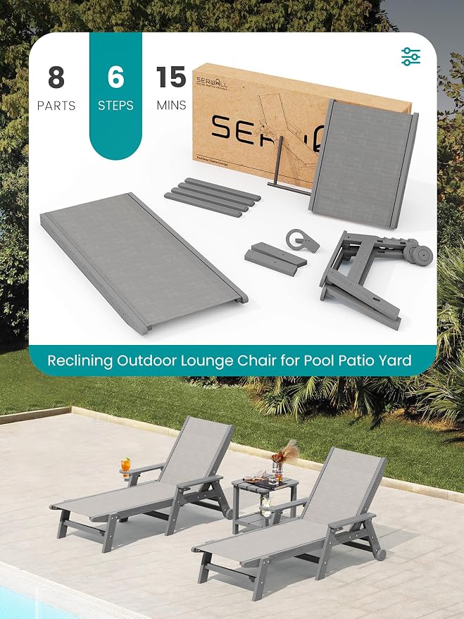SERWALL Patio Chaise Lounge Chair, 5 Positions Outdoor Lounger - Image 7